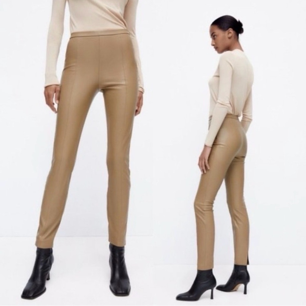 ZARA NWT Elegant Tan Skinny Faux Leather Women's Pants Size S